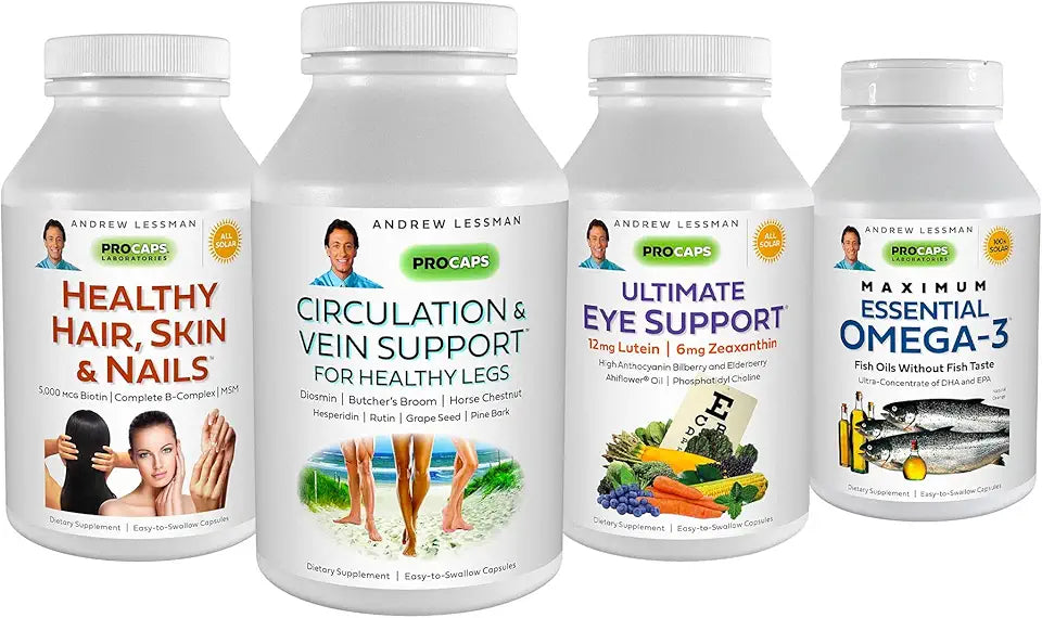 4 Product Customer Favorites Bundle 180 Count Each Circulation & Vein Support Healthy Hair Skin and Nails Ultimate Eye Support Maximum Essential Omega-3 Orange C797730