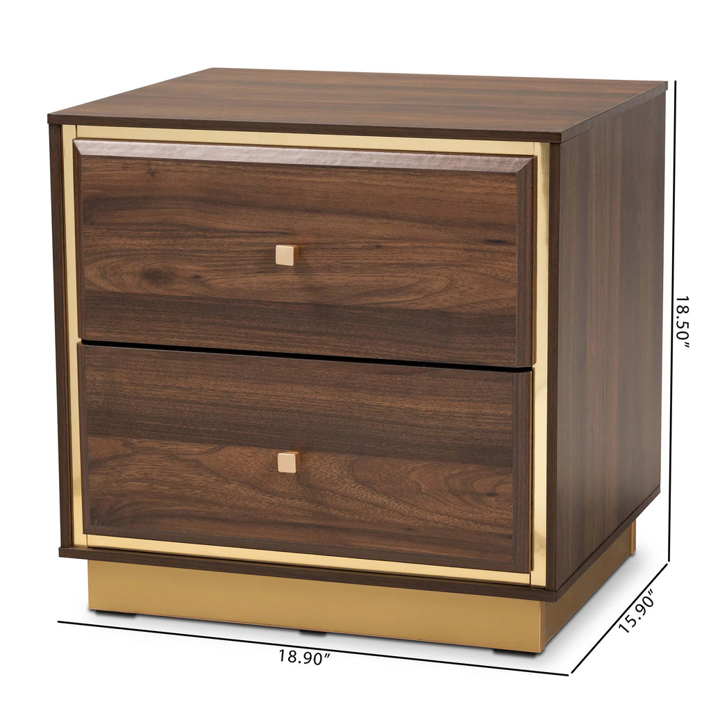 Walnut Brown Wood and Gold Metal 2-Drawer Nightstand F96707