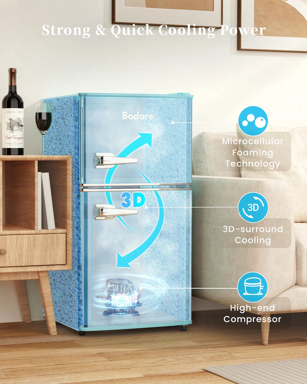 3.2 Cu.Ft 2 Doors Mini Fridge with Freezer, Blue A869