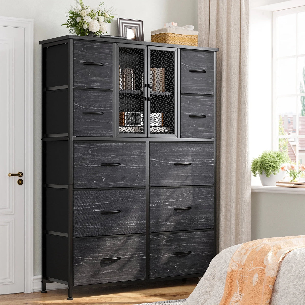 Black 10 Drawer Fabric Dresser J148