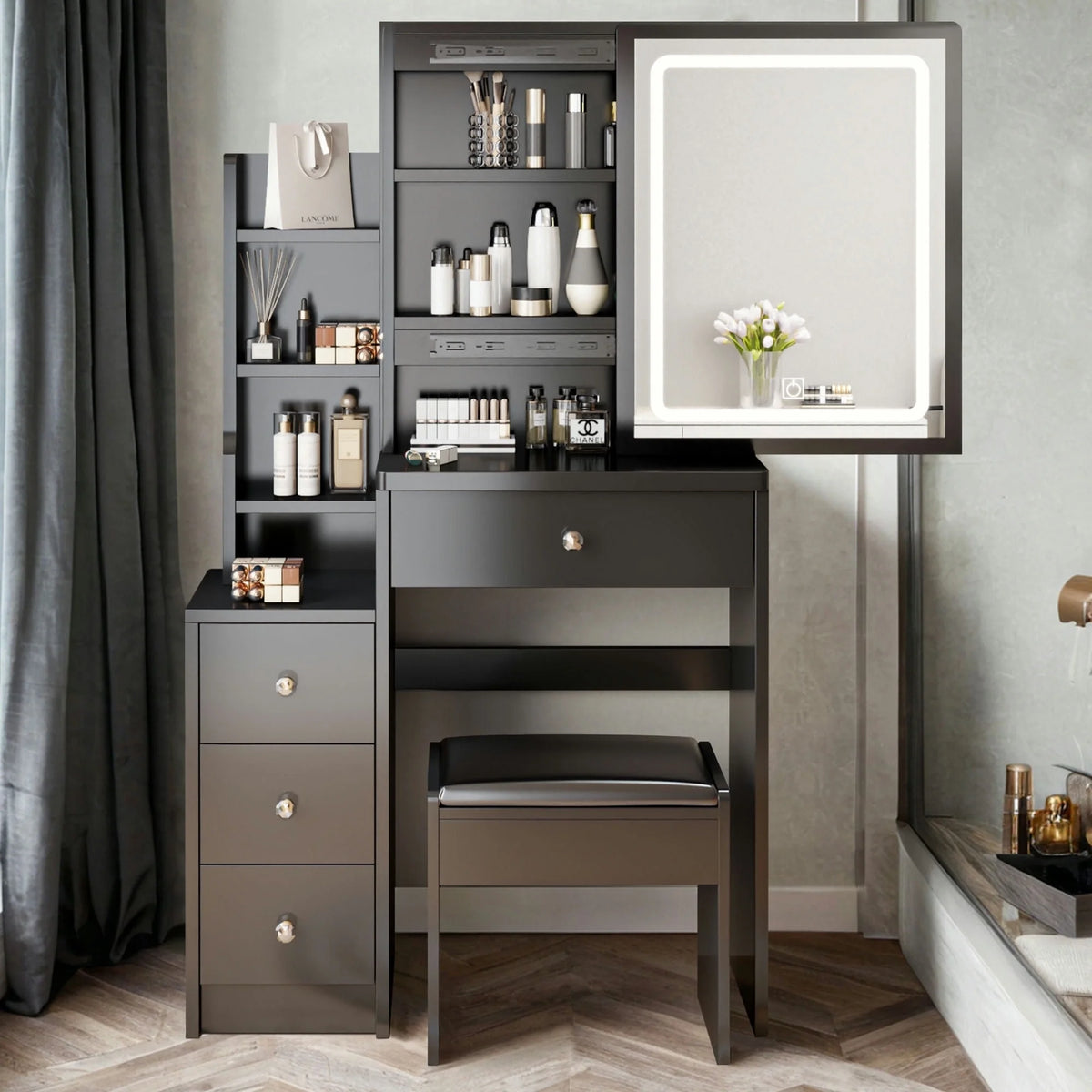White Vanity Table with Lighted Mirror and Stool L88811