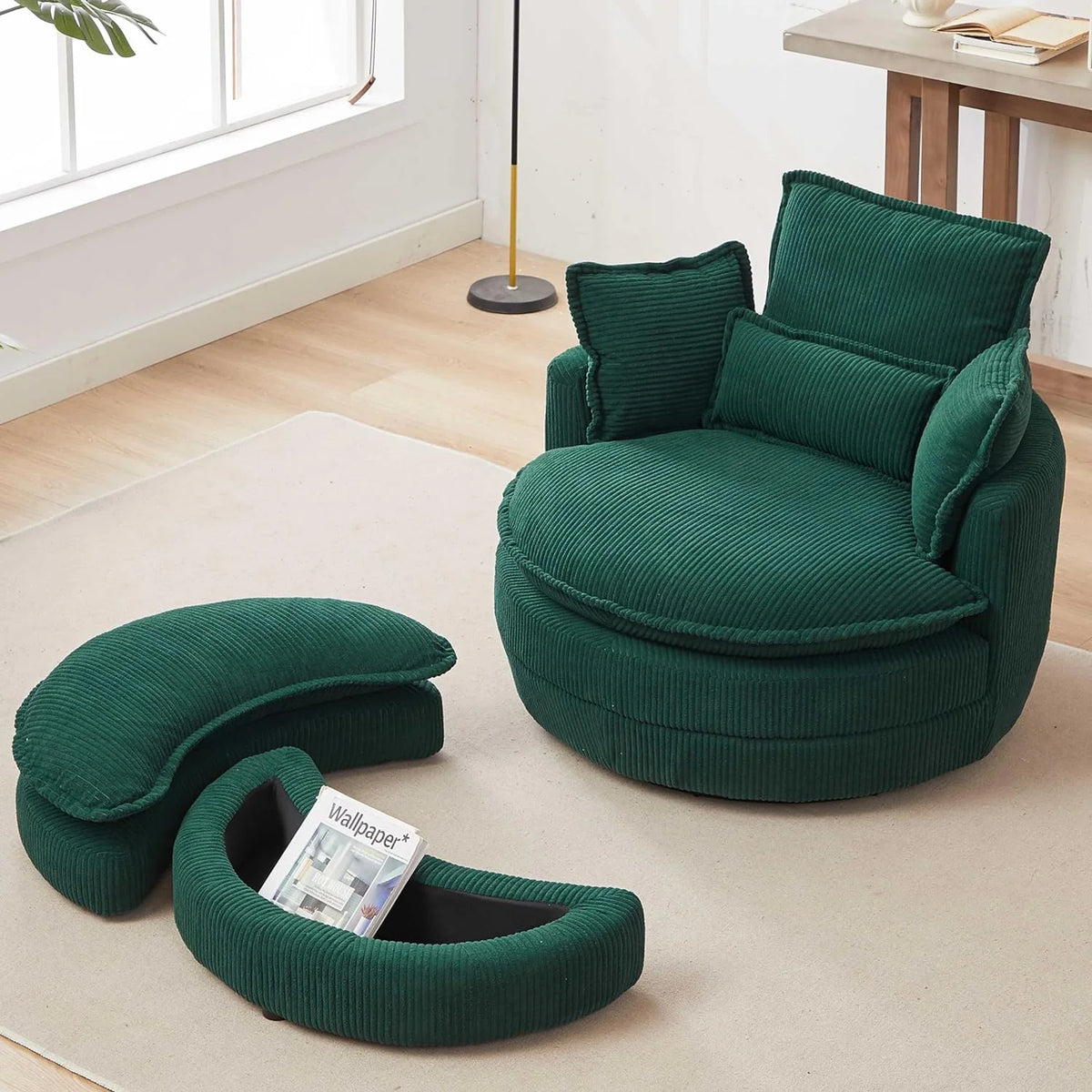Beige Corduroy Tufted Swivel Accent Chair with Ottoman O364217