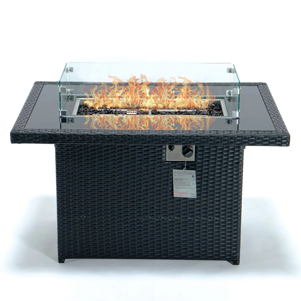Black Wicker Propane Fire Pit Table with Glass Shield and Lid W4859