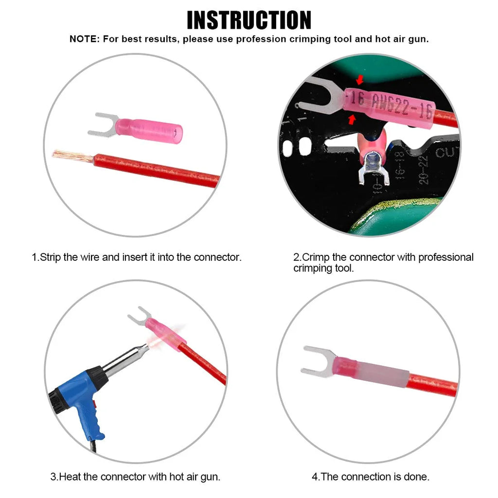 50pcs 22-16 Gauge Heat Shrink Fork Connectors Insulated Crimp Terminals Kit R76610