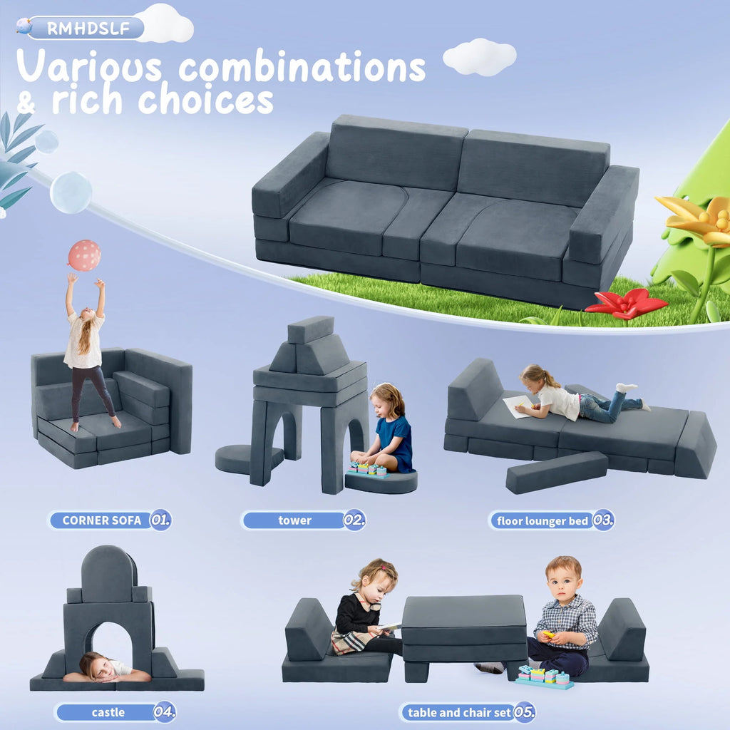 Gray 9-Piece Kids Play Couch D6812