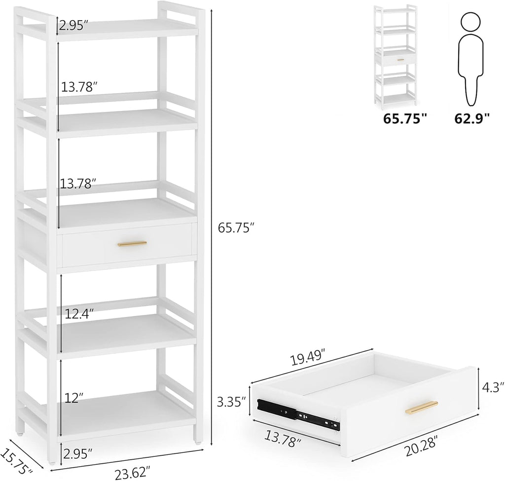 White 5-Tier Bookshelf with Drawer J928