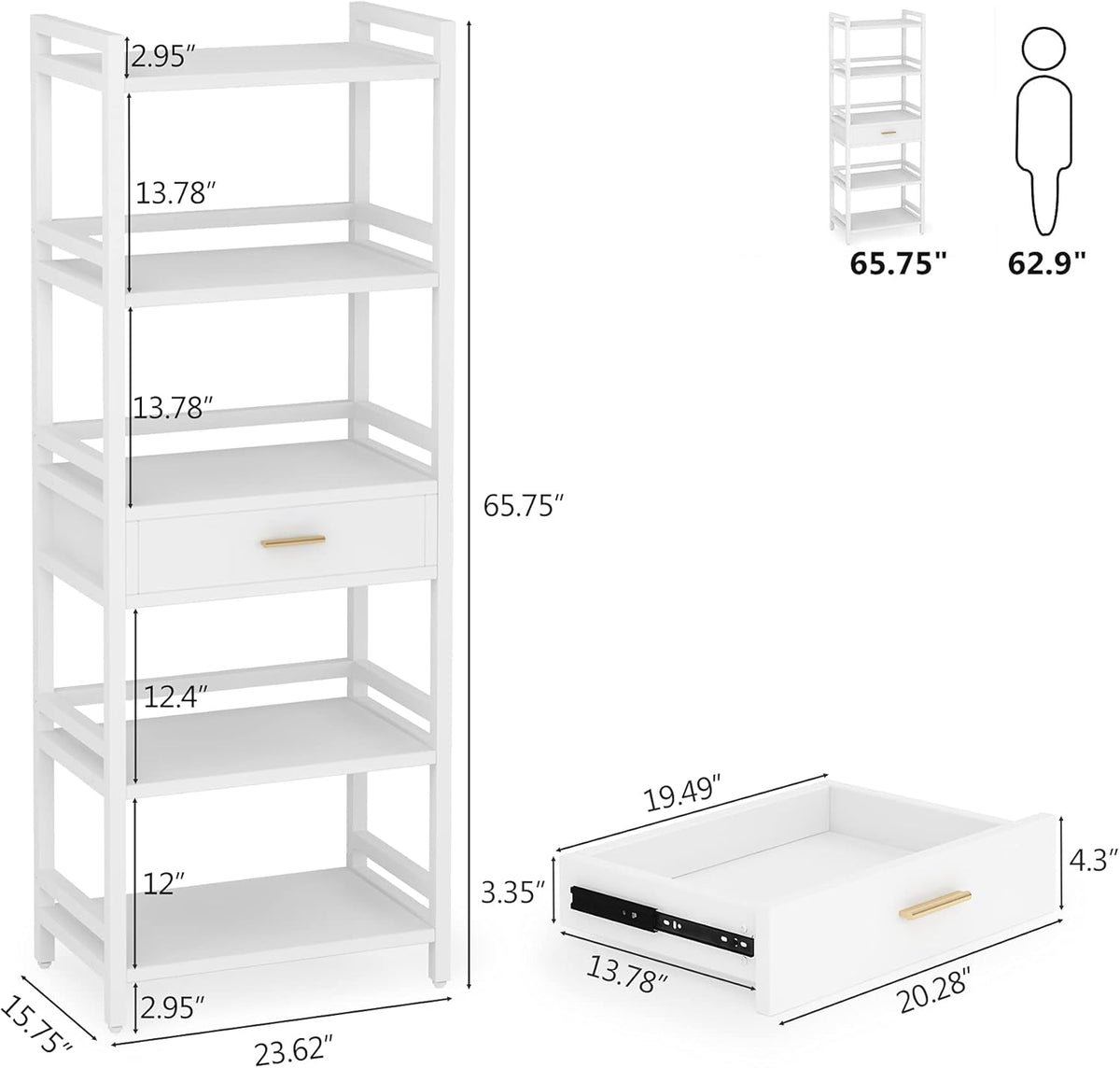 White 5-Tier Bookshelf with Drawer J928