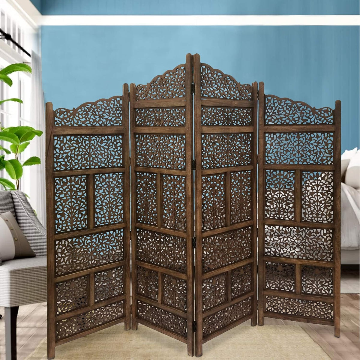 Hand Carved Foldable 4-Panel Wooden Room Divider V250504