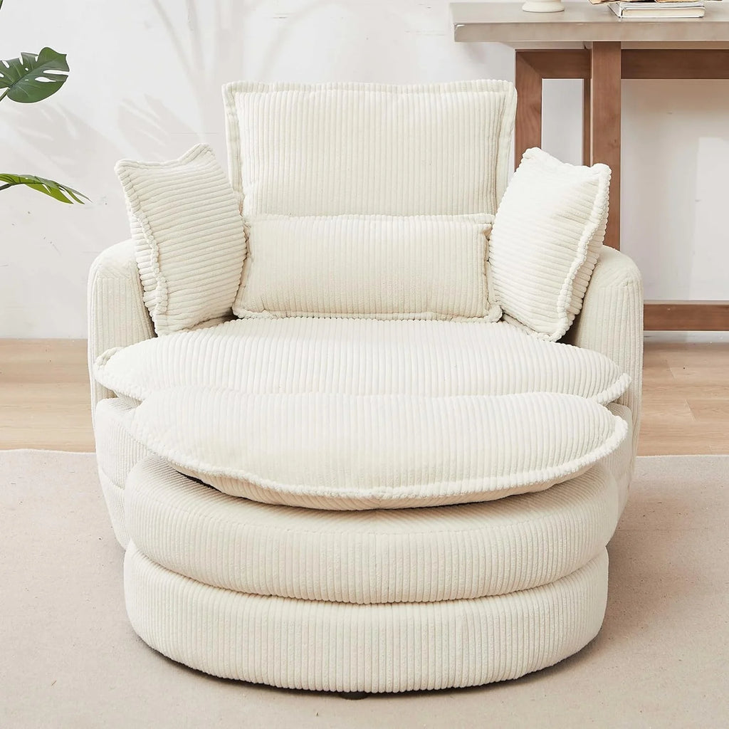 Beige Corduroy Tufted Swivel Accent Chair with Ottoman O364217