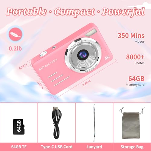 4K 64MP Compact Point and Shoot Digital Camera with 64GB Card K2714