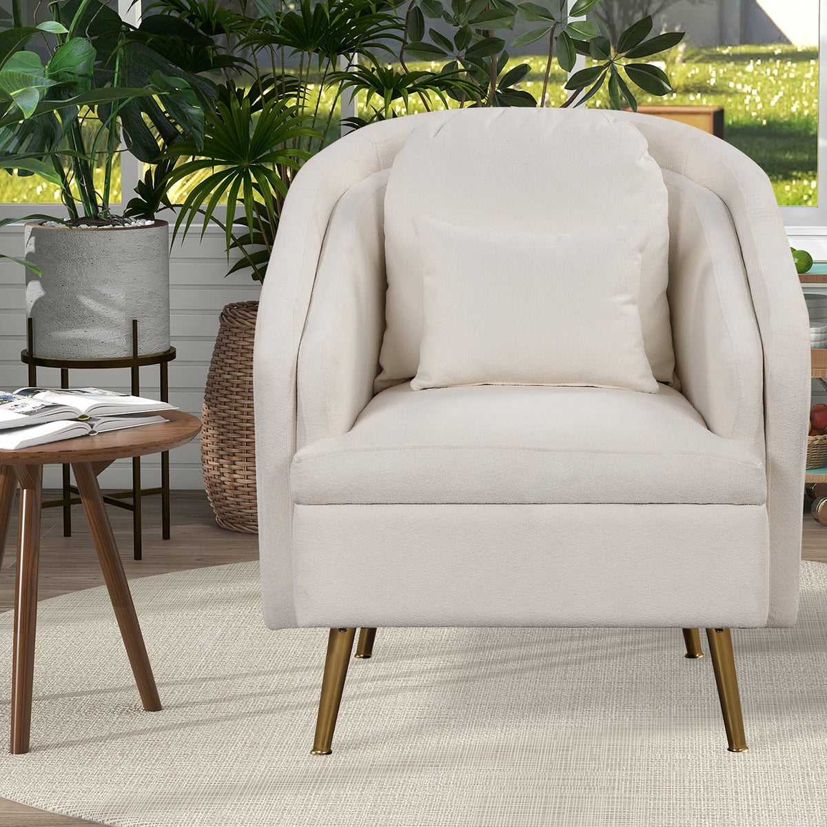 White Velvet Barrel Accent Chair with Pillow R655573