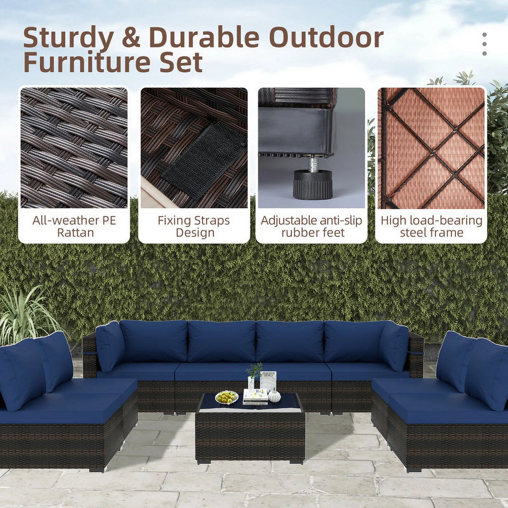 9 Piece PE Rattan Patio Furniture Set with Cushion and Glass Table B27656