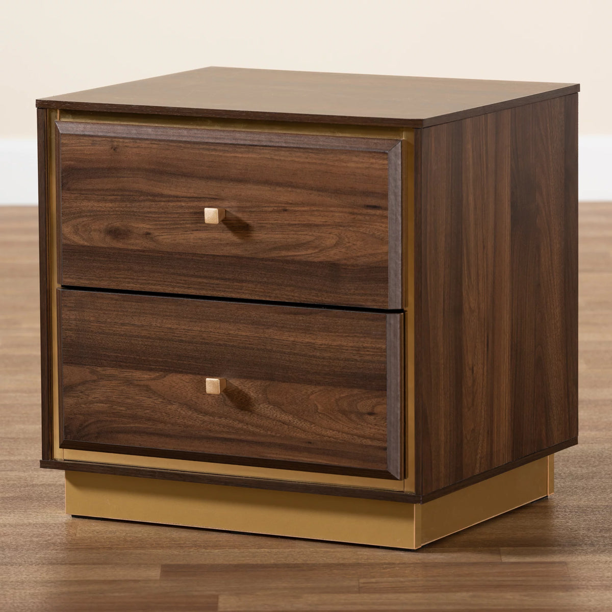 Walnut Brown Wood and Gold Metal 2-Drawer Nightstand F96707