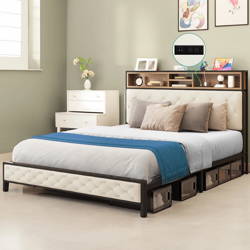 Queen Size Beige Metal Bed Frame with Storage Headboard R817896