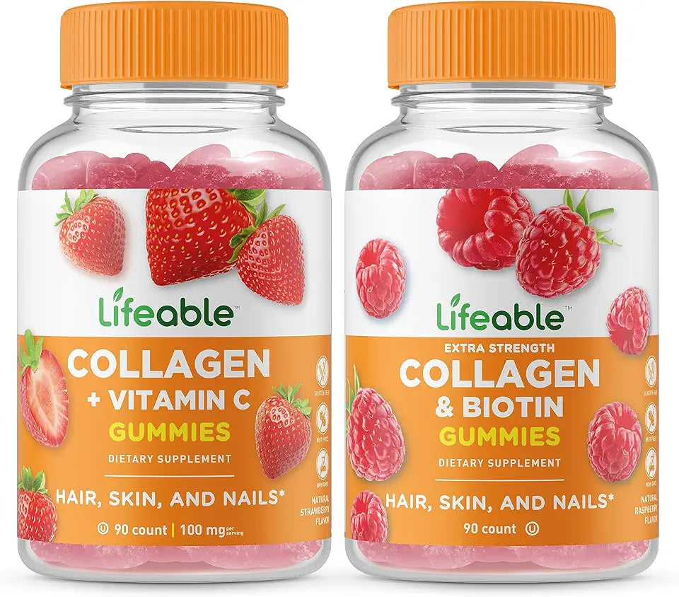 Collagen & Vitamin C + Collagen & Biotin Gummies Bundle, Gluten Free Chewable Vitamin Supplement A30109