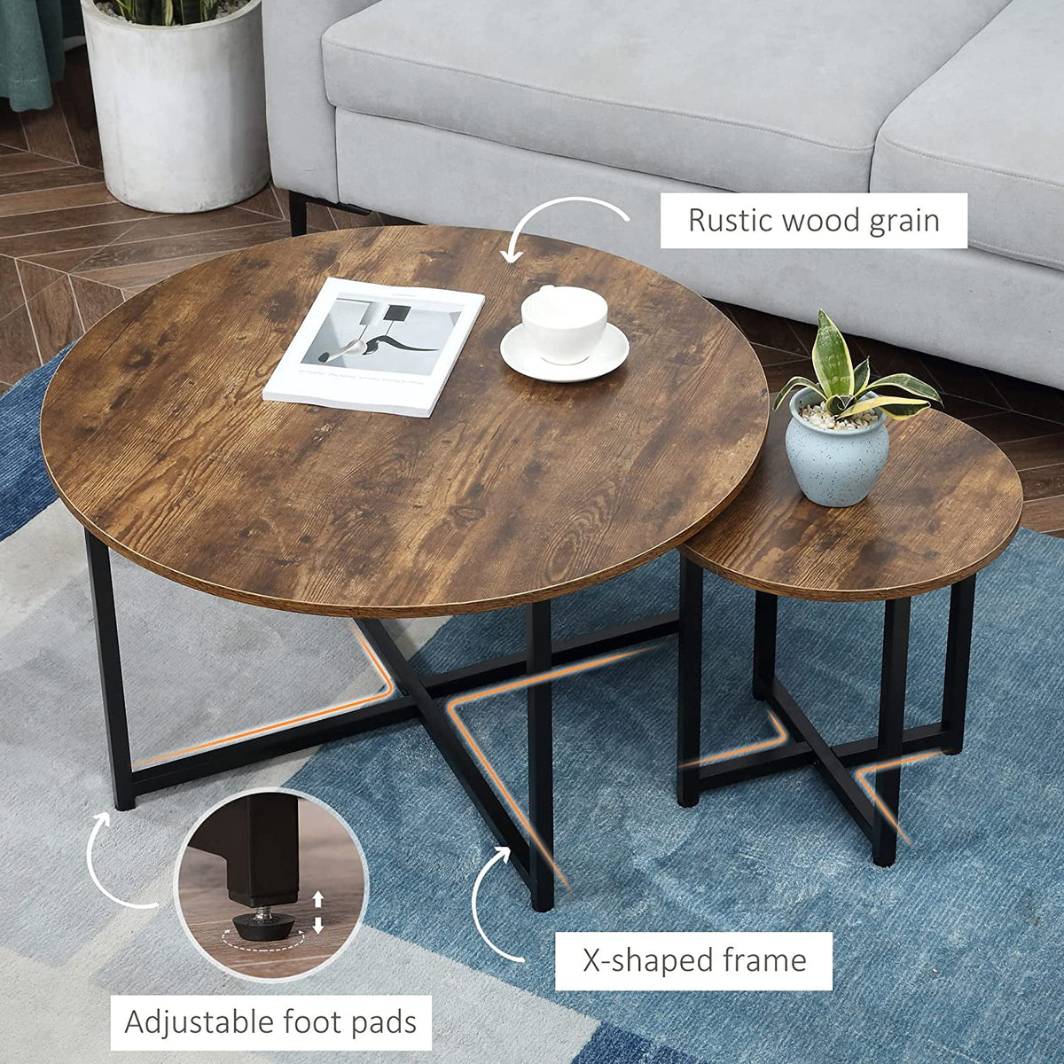 Set of 2 Round Coffee Table with Metal Frame L67673