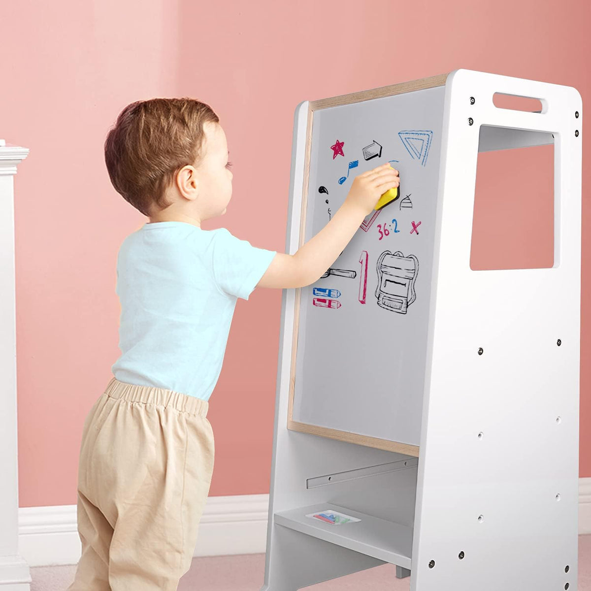 Adjustable Wooden Toddler Kitchen Stool with Activity Board O25815