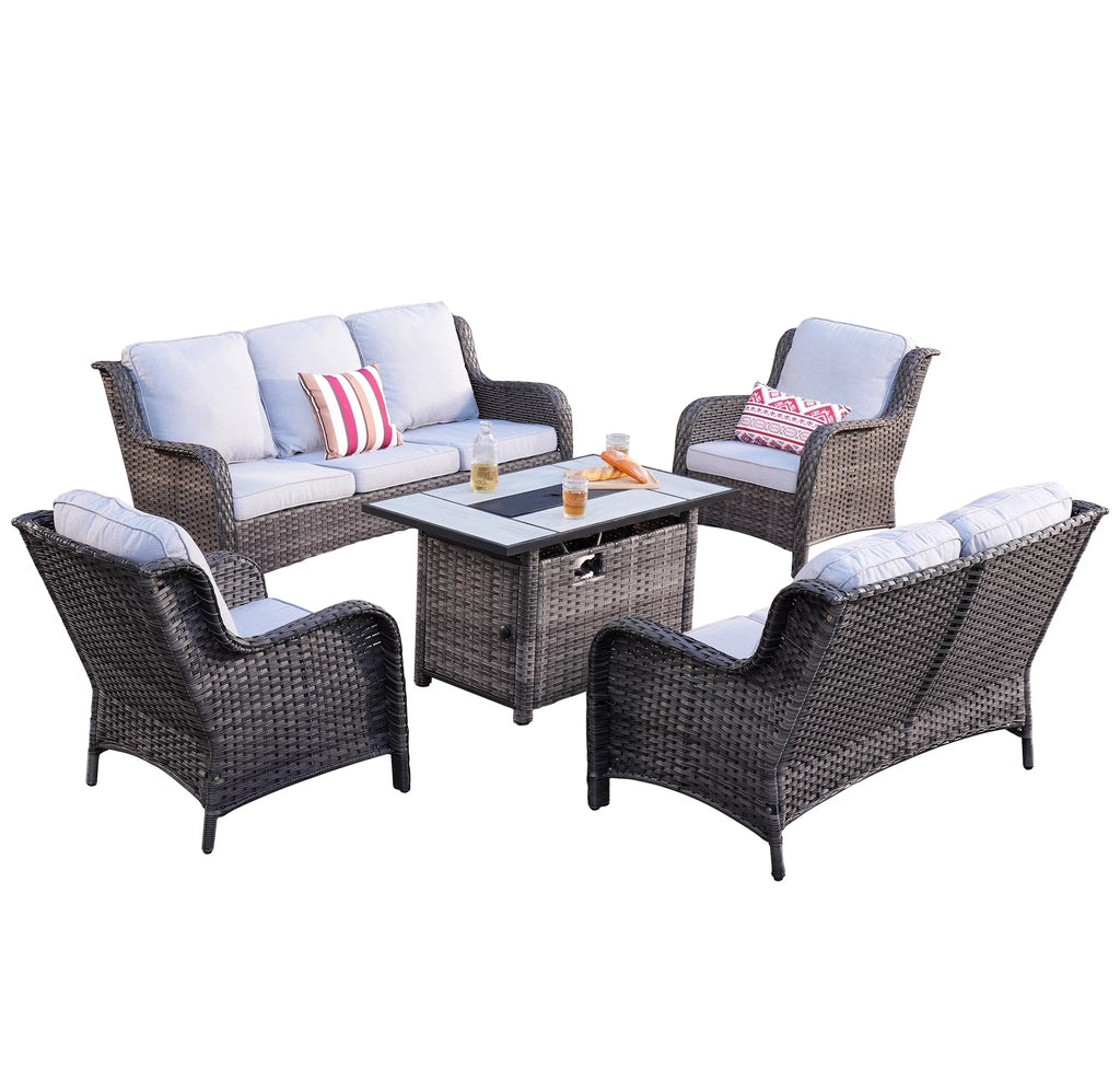 5 Pieces Wicker Patio Sectional Sofa with Fire Pit Table Z75274