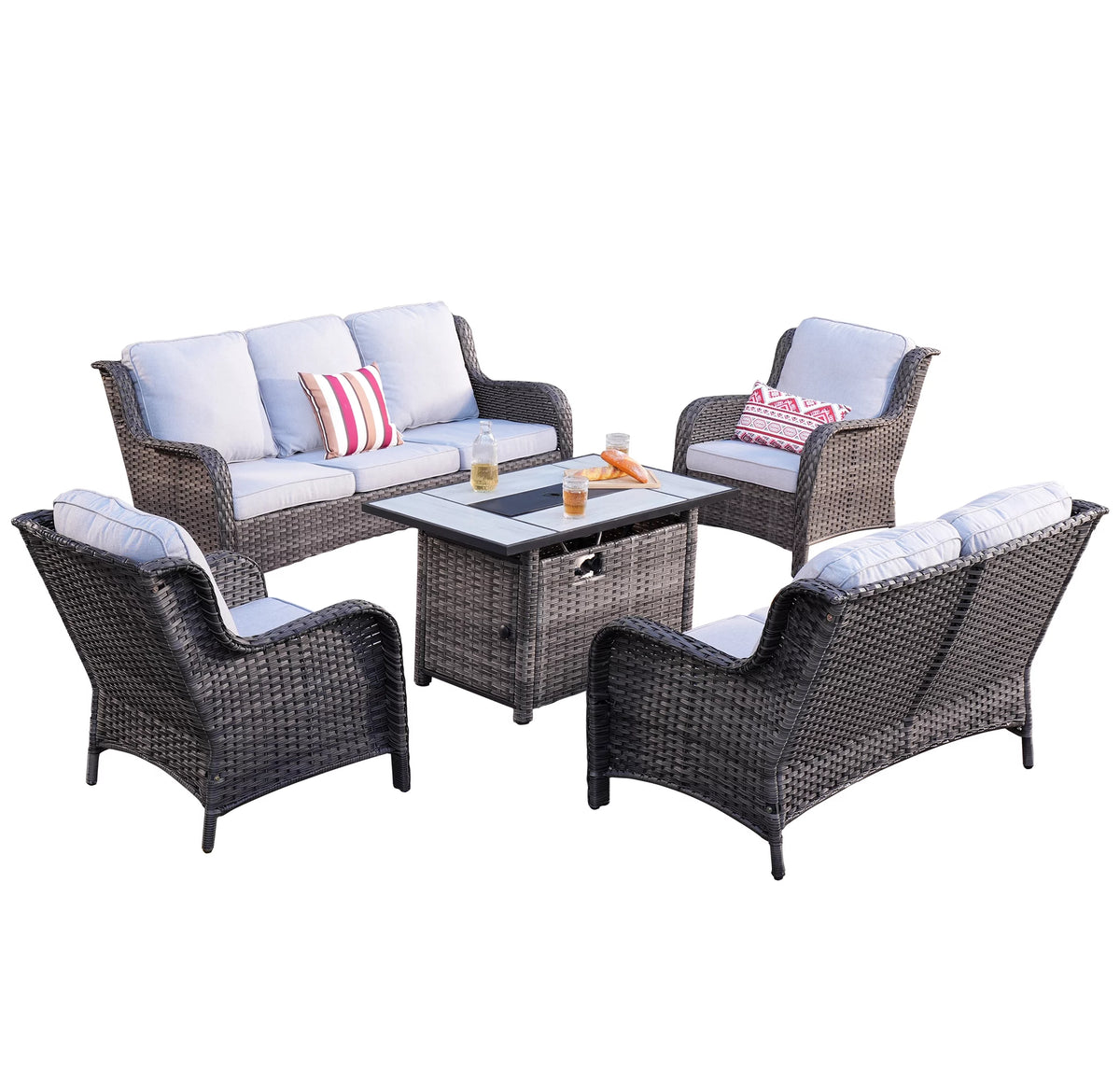 5 Pieces Wicker Patio Sectional Sofa with Fire Pit Table Z75274