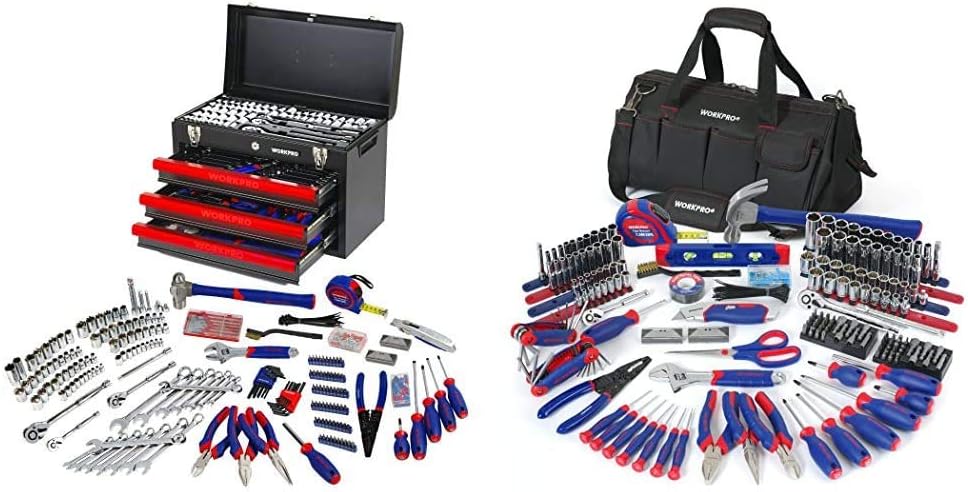 408-Piece Mechanics Tool Set with 3-Drawer Metal Box and 322-Piece Hand Tool Kit with Carrying Bag H43054