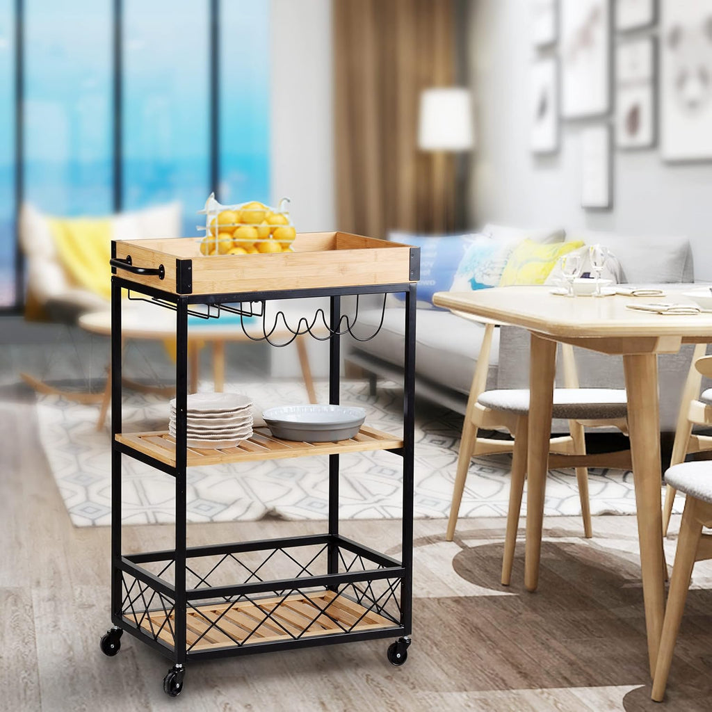 Bamboo Kitchen Island Cart with Mesh Shelves S61330