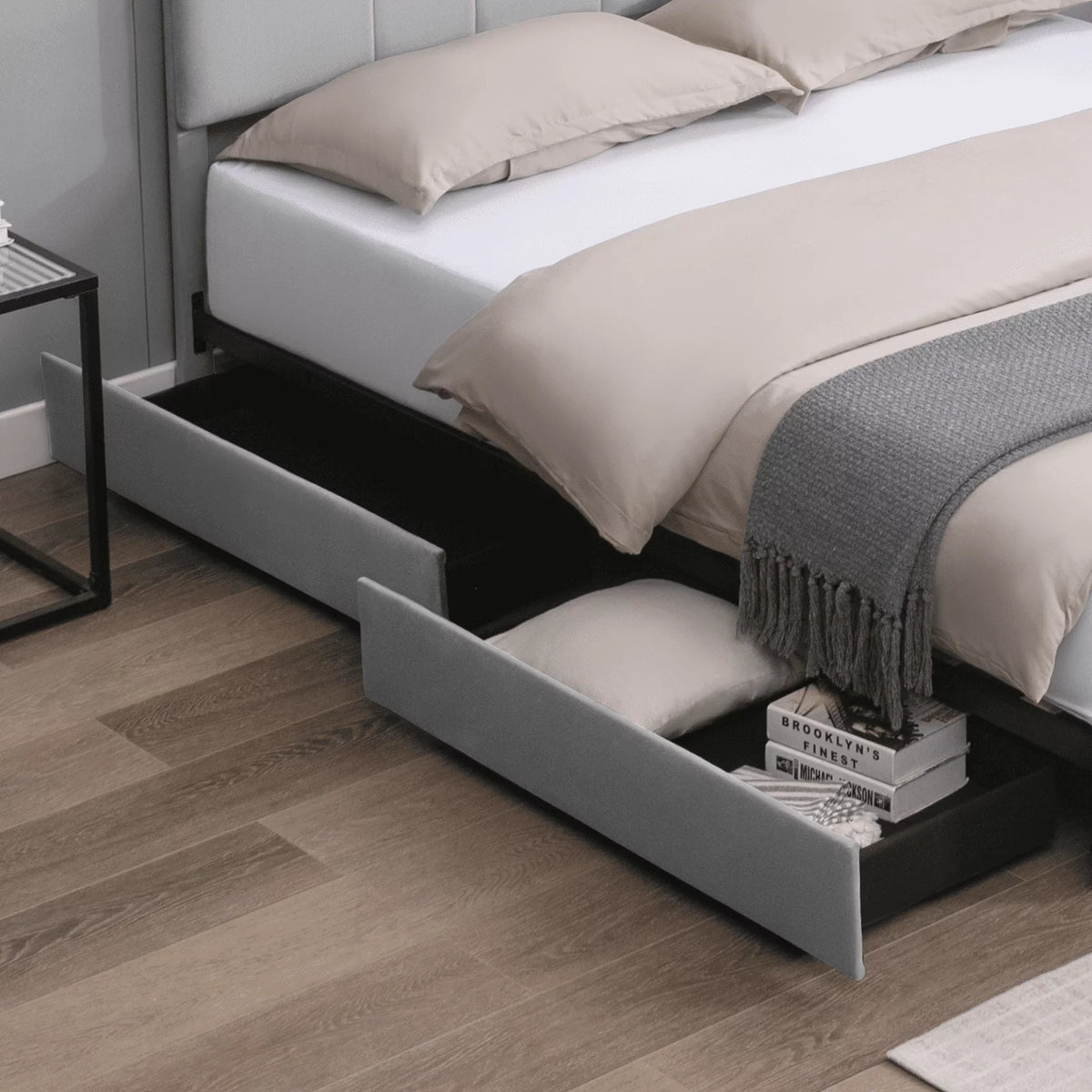 King Size Platform Bed Frame with 4 Storage Drawers and Adjustable Headboard Z208010