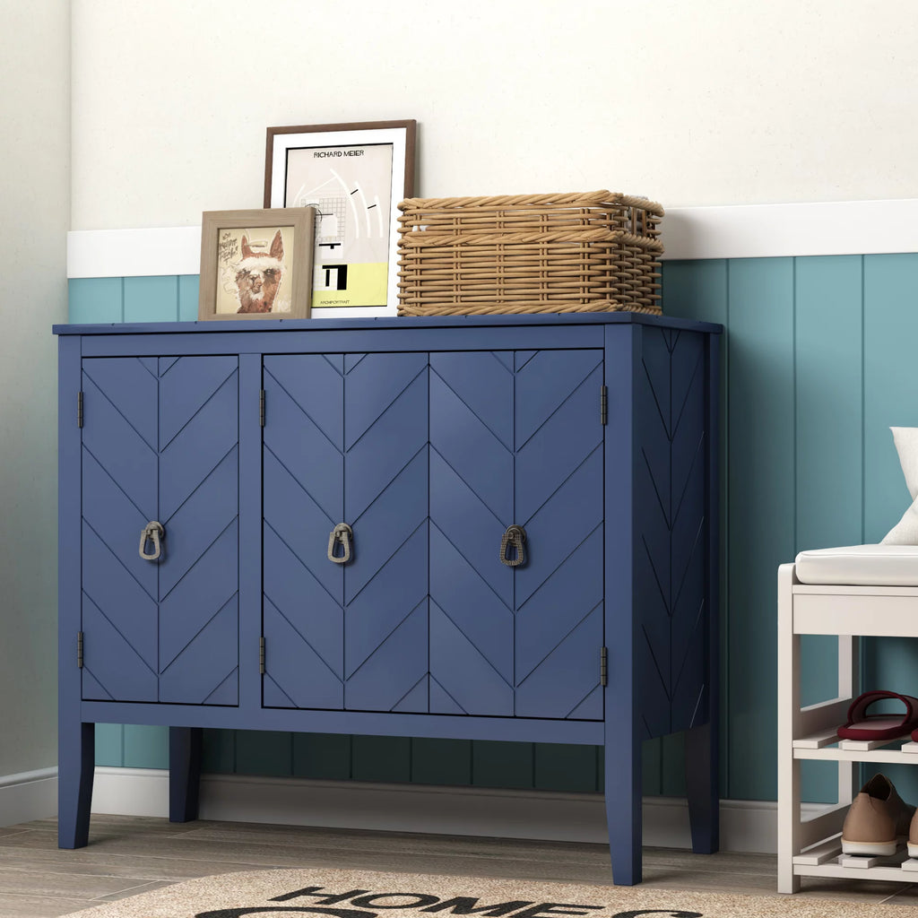 Solid Wood Buffet Sideboard Storage Cabinet with Doors and Adjustable Shelf, Navy Blue O9787