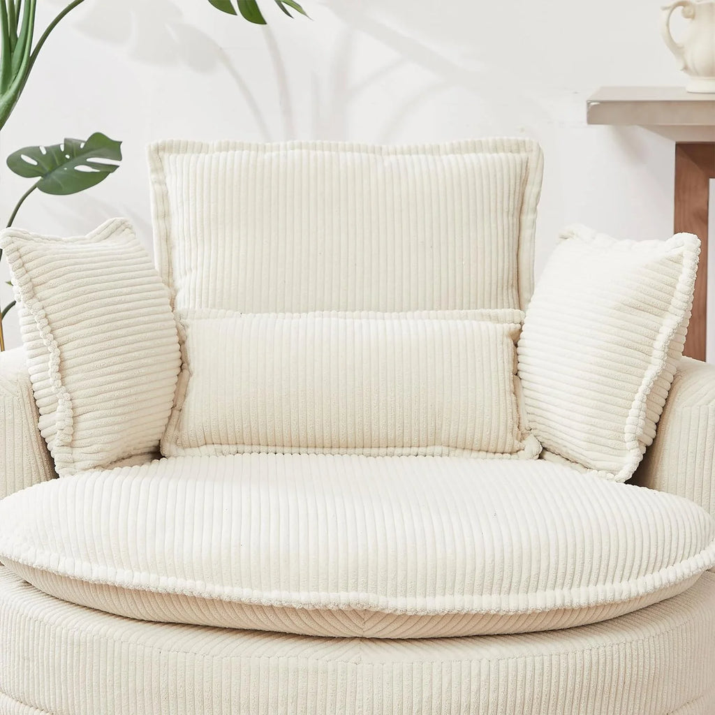 Beige Corduroy Tufted Swivel Accent Chair with Ottoman O364217