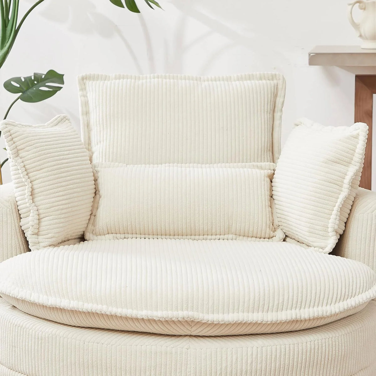Beige Corduroy Tufted Swivel Accent Chair with Ottoman O364217