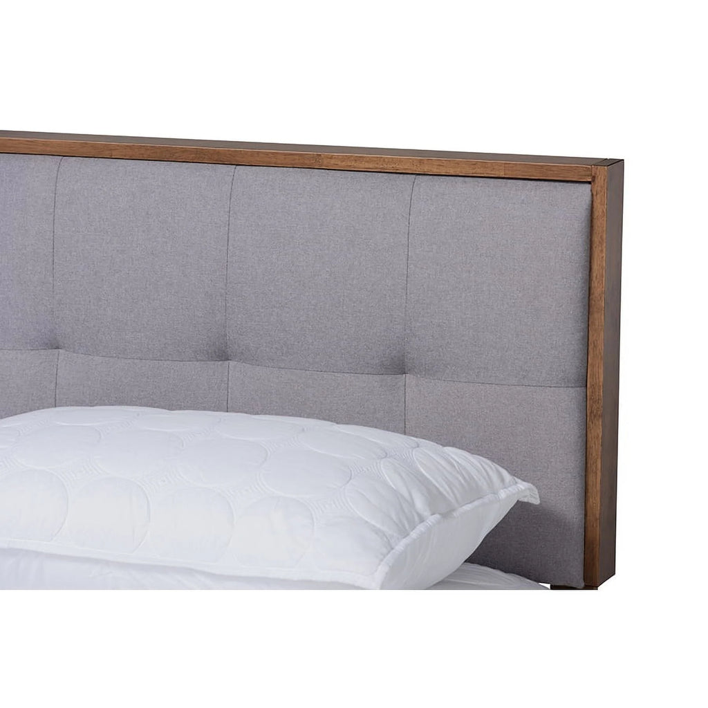 Light Grey Fabric Upholstered Walnut Brown Wood Queen Size Platform Bed A584444