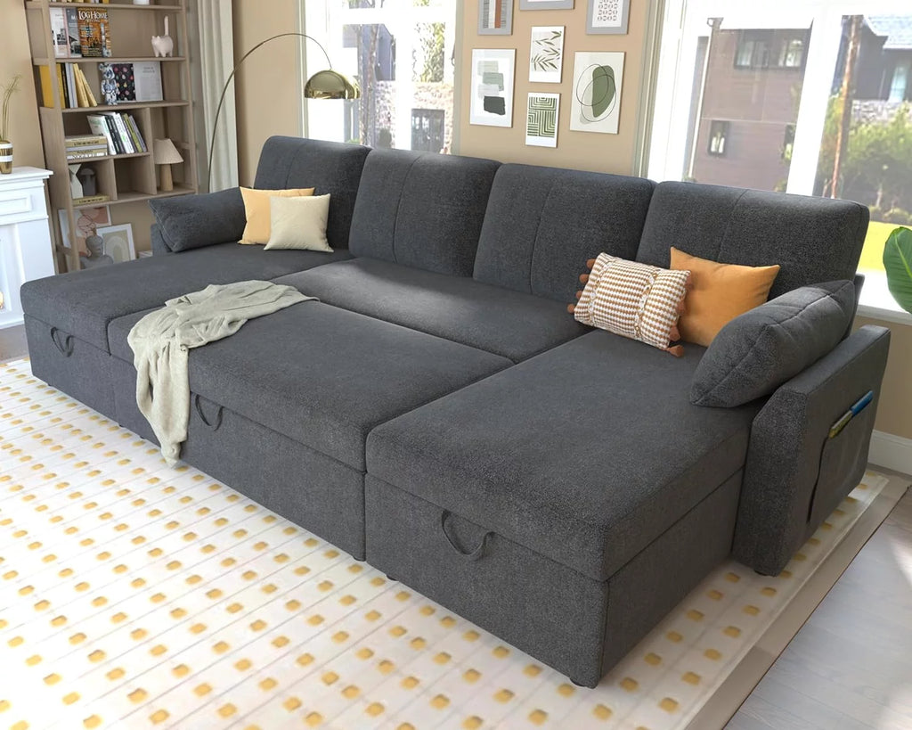 White Sherpa Sleeper Sofa with Storage Chaise D45253