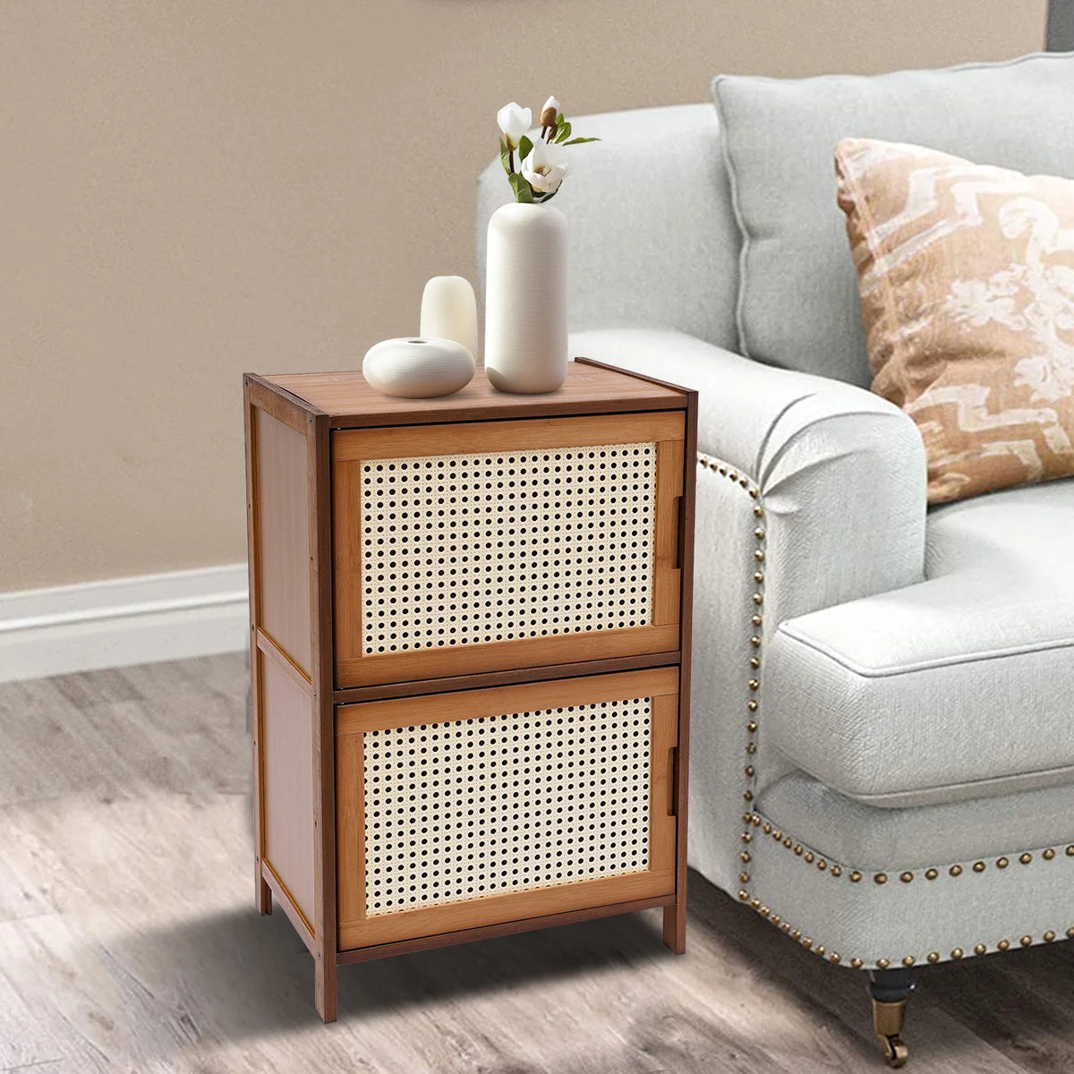 Dark Brown Rattan Nightstand with Door Drawer Y98130