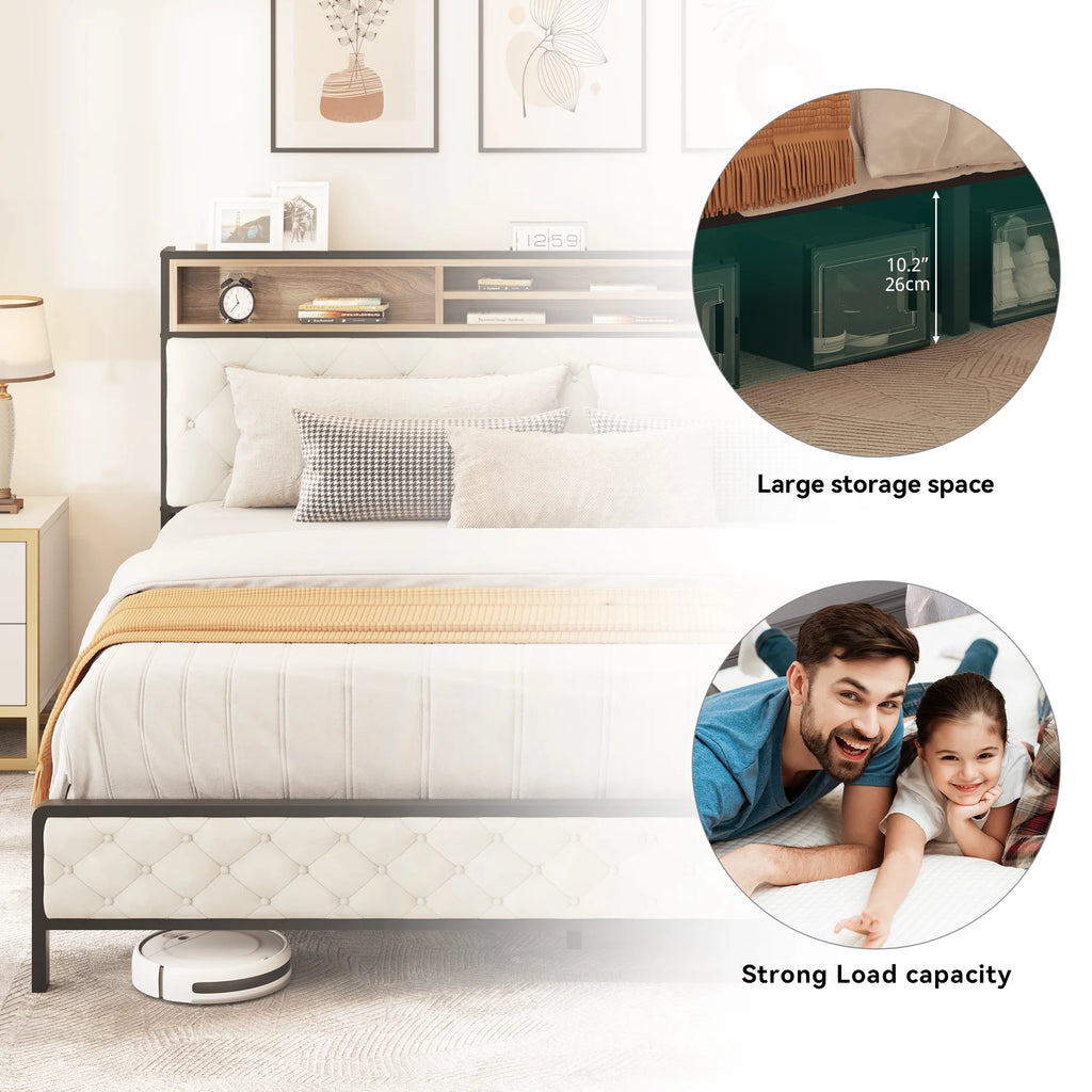 Queen Size Beige Metal Bed Frame with Storage Headboard R817896