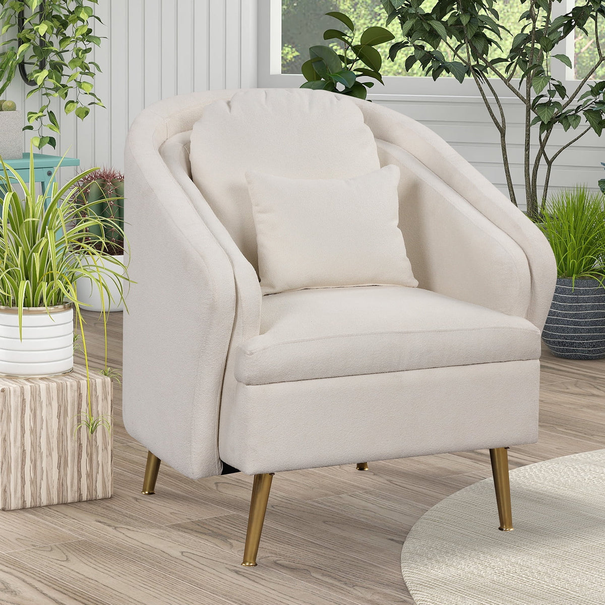 White Velvet Barrel Accent Chair with Pillow R655573