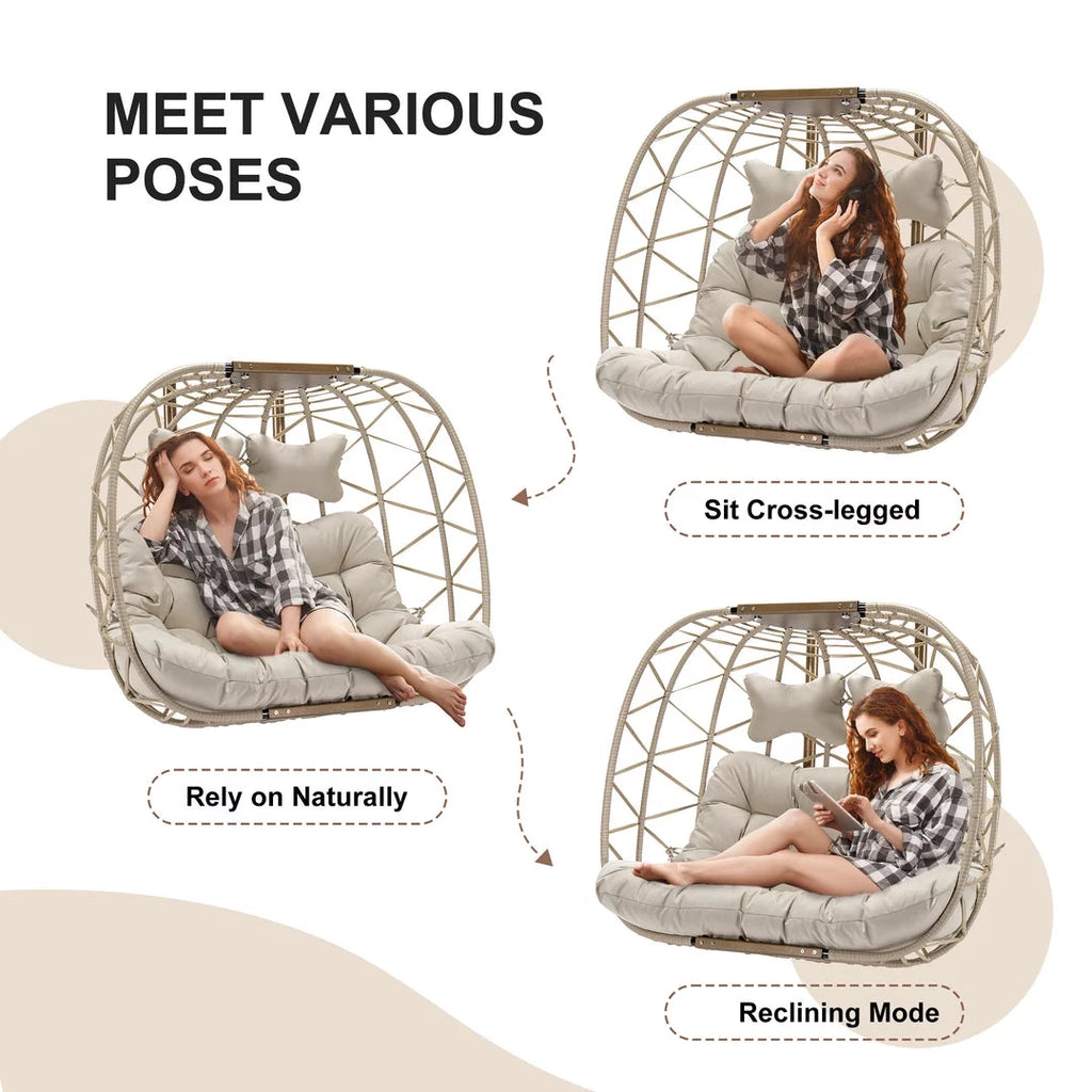 Beige Wicker Double Egg Chair with Stand M171024