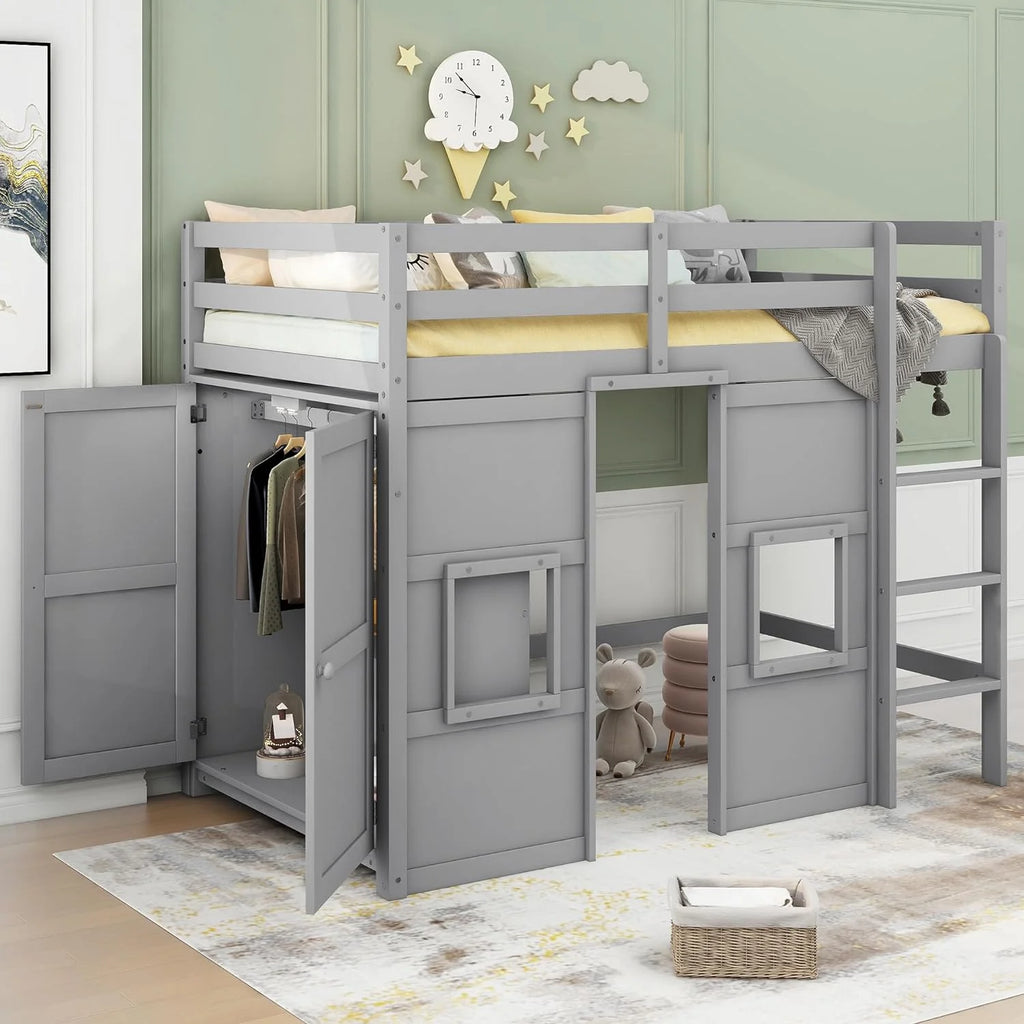 Gray Wood Loft Bed Frame with Wardrobe and Storage Y4281