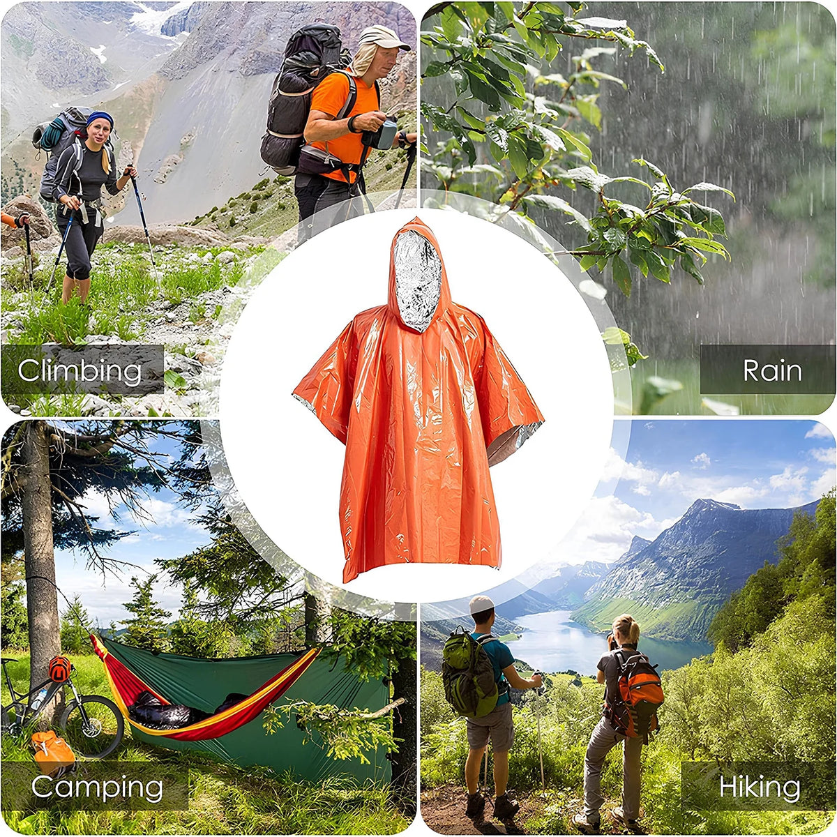 Emergency Poncho 4-Pack Mylar Reversible Thermal Raincoat Blanket T217