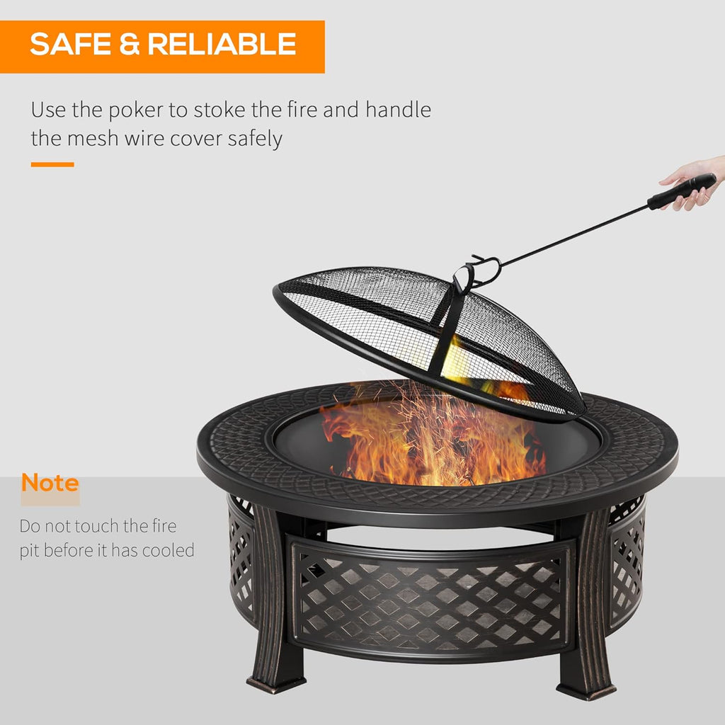 32 Outdoor Wood Burning Fire Pit with Grill, Spark Screen, Poker, Rain Cover, Black T5073