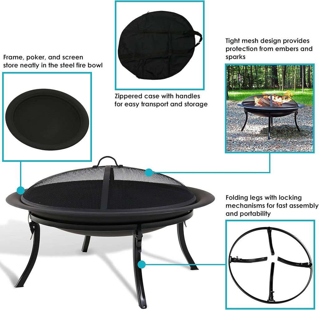 29-Inch Round Wood-Burning Portable Fire Pit Bowl with Spark Screen R401198