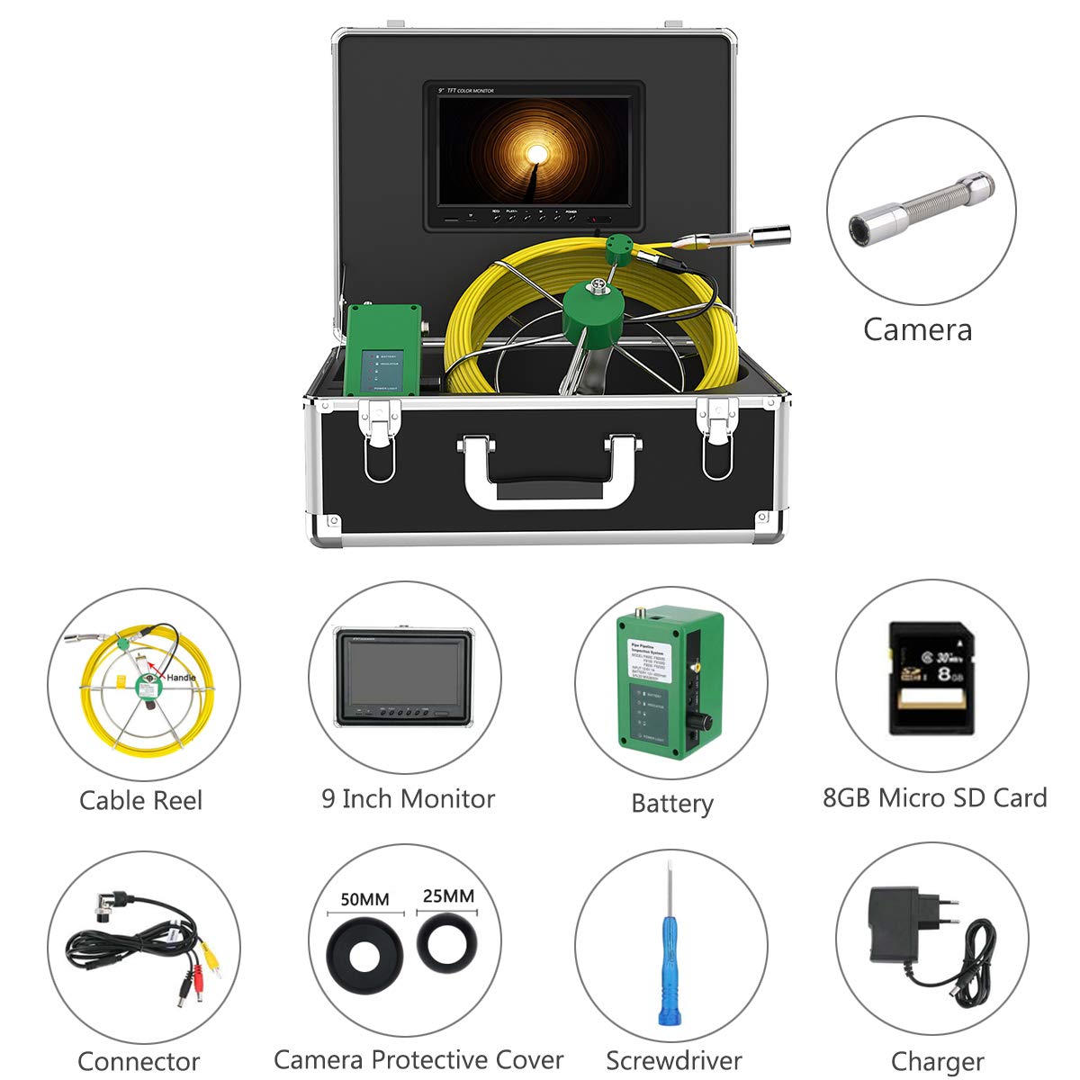 9 Inch LCD Sewer Camera 1000 TVL CCD 50M Snake Cable IP68 Waterproof Borescope Inspection Camera X434
