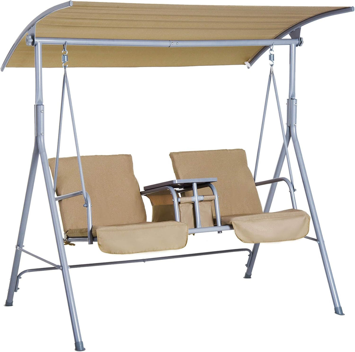 2 Person Covered Swing with Canopy, Table and Storage Console, Beige S263084