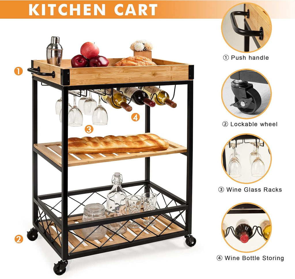 Bamboo Kitchen Island Cart with Mesh Shelves S61330