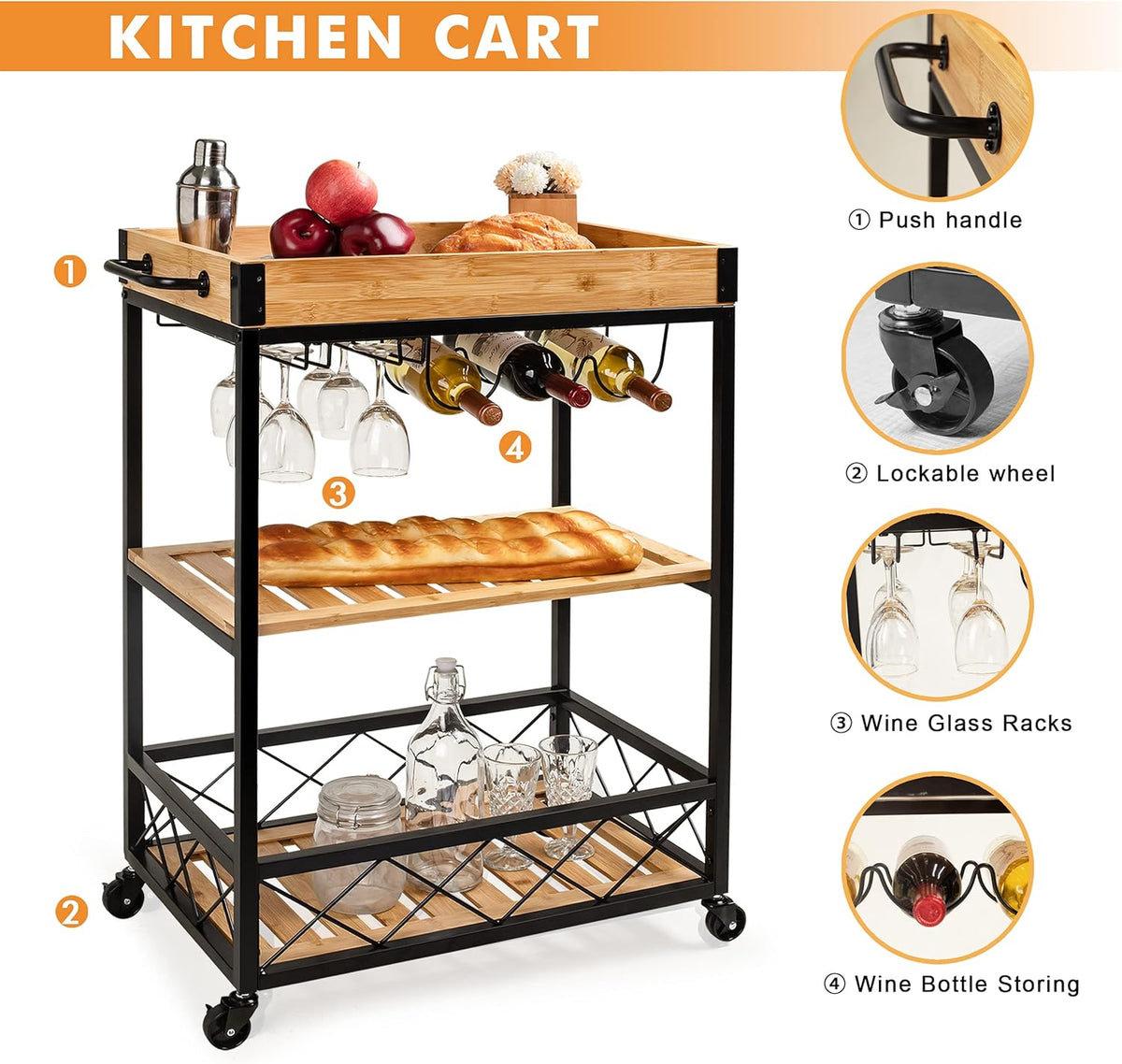 Bamboo Kitchen Island Cart with Mesh Shelves S61330
