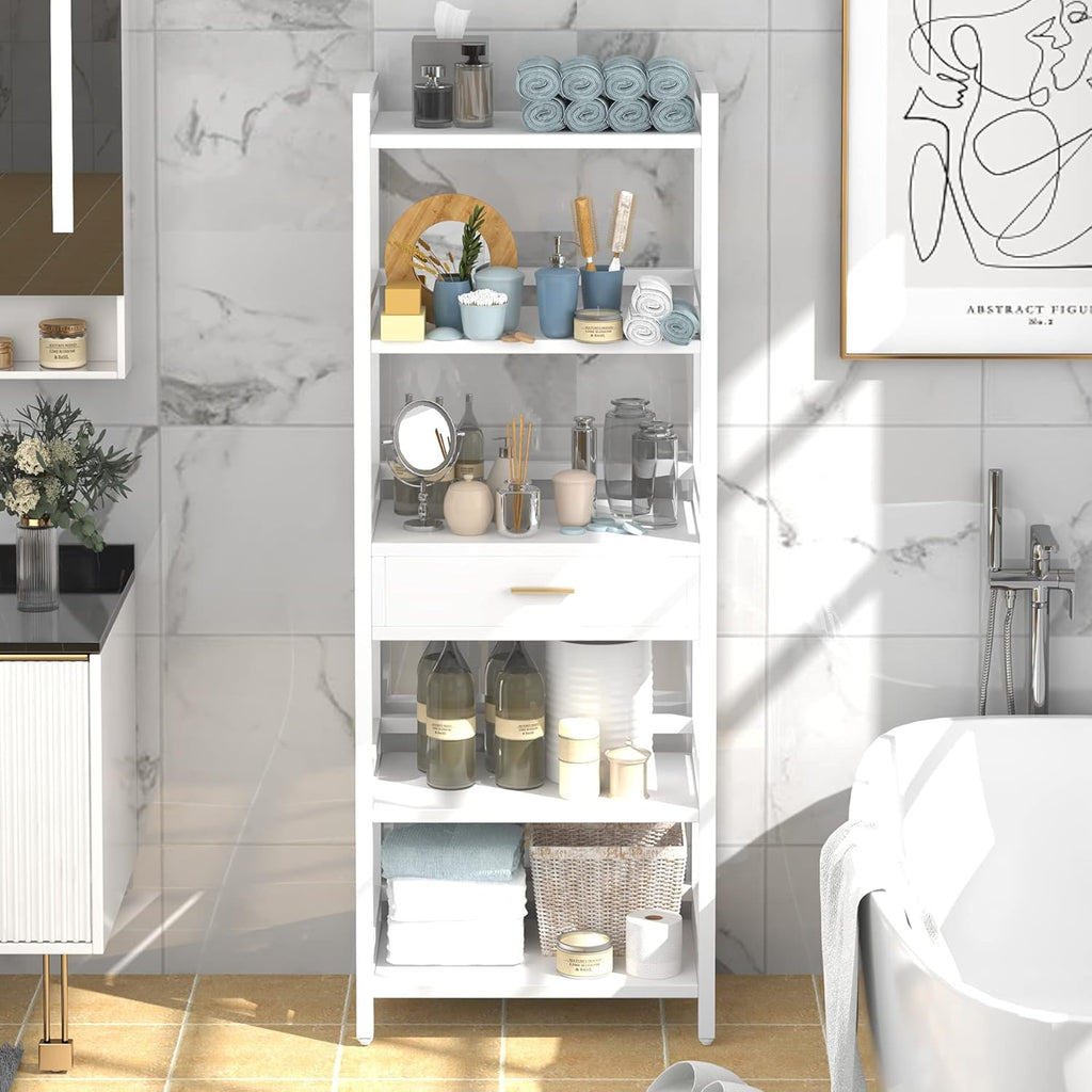 White 5-Tier Bookshelf with Drawer J928