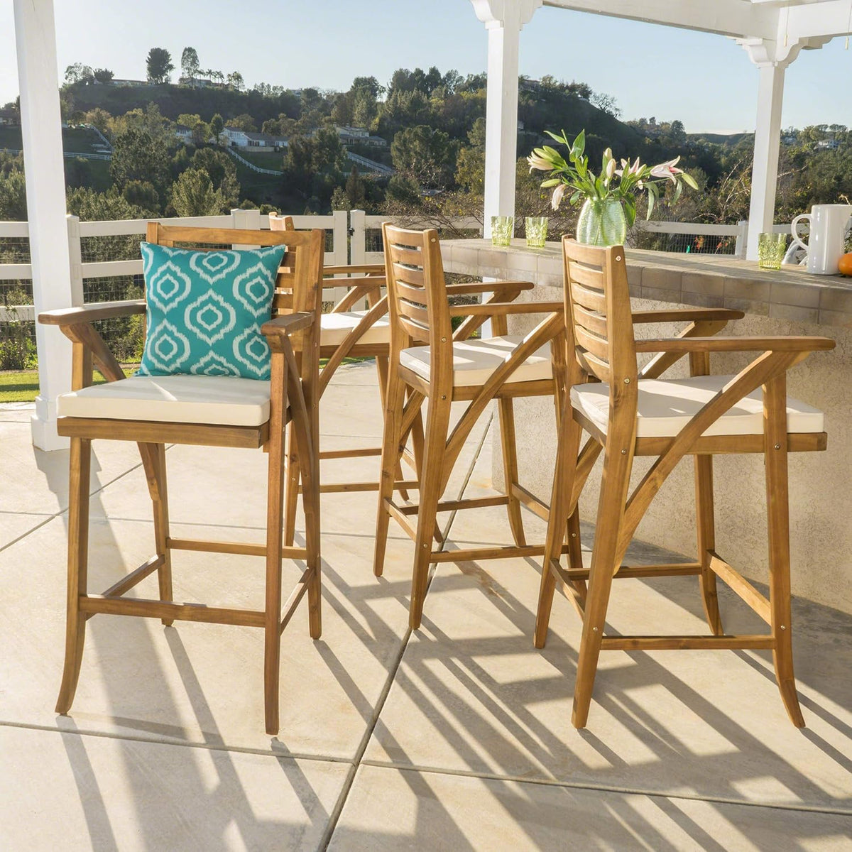 Acacia Wood Outdoor Barstools, 4-Pcs Set P3434