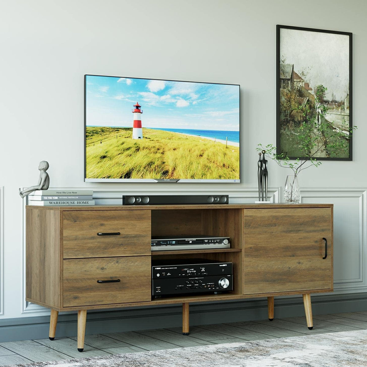 Mid Century Modern Wood TV Stand with Sliding Door R397735