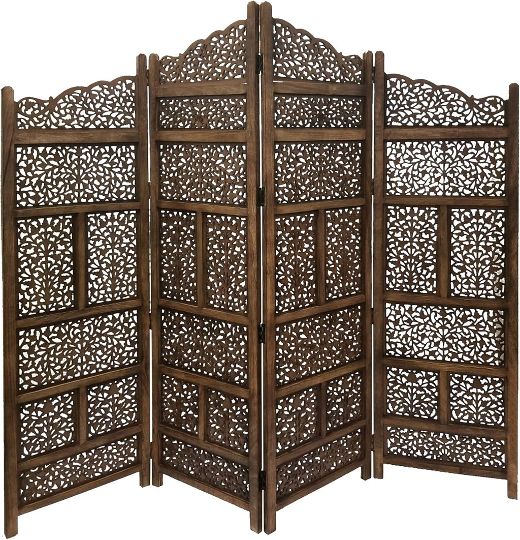 Hand Carved Foldable 4-Panel Wooden Room Divider V250504
