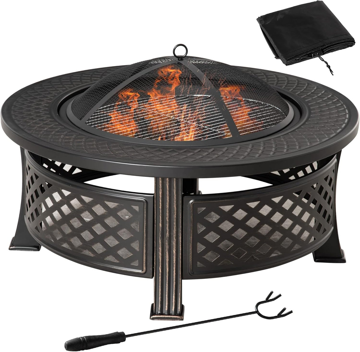 32 Outdoor Wood Burning Fire Pit with Grill, Spark Screen, Poker, Rain Cover, Black T5073
