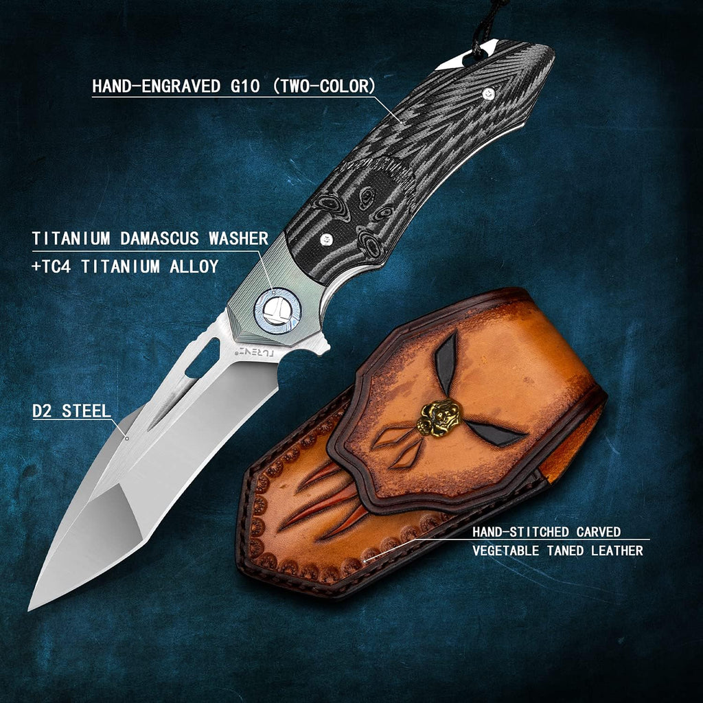 Folding Pocket Knife with 3.5in D2 Steel Blade, G10 Titanium Handle, Liner Lock, Clip and Sheath V64467