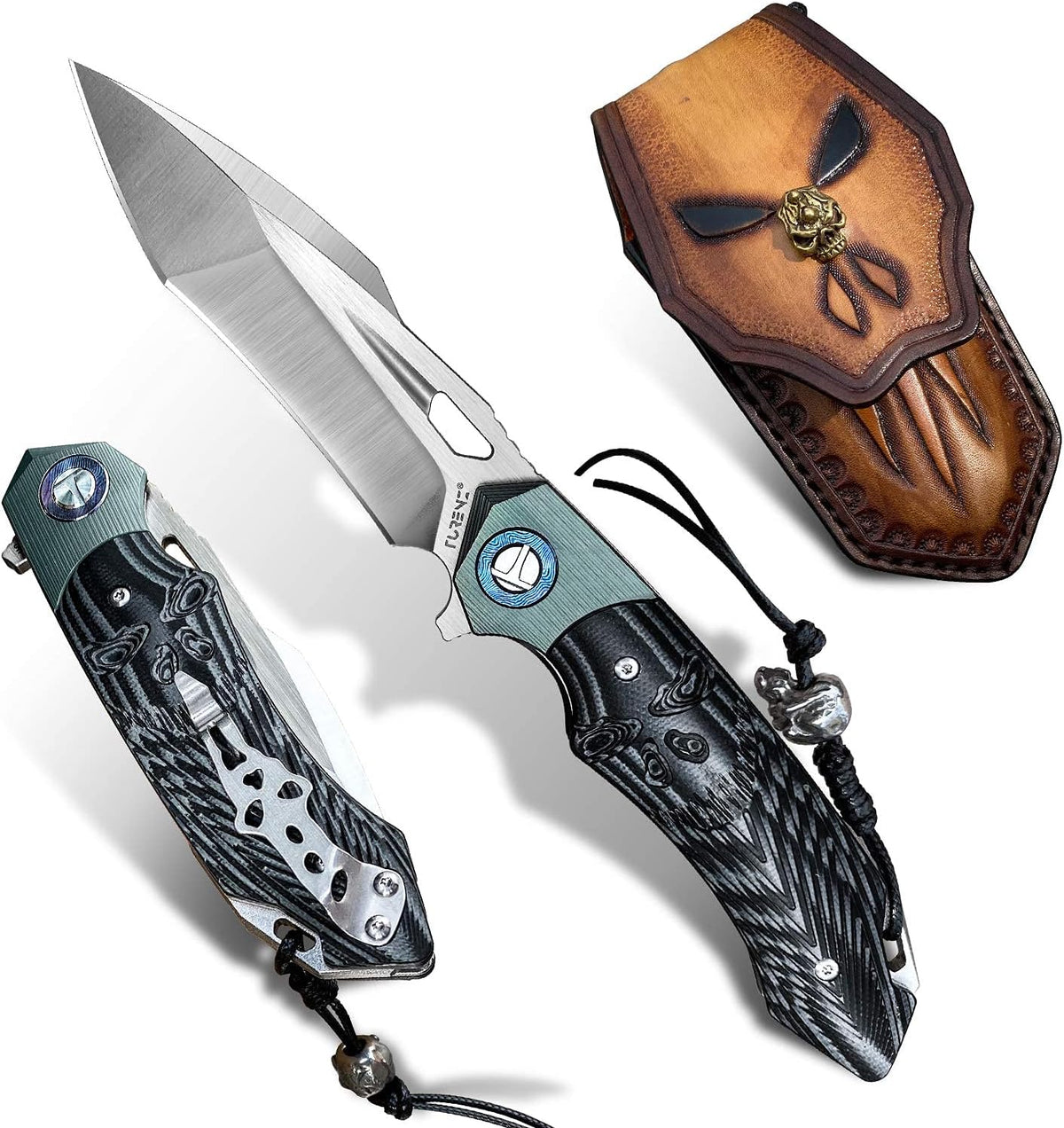 Folding Pocket Knife with 3.5in D2 Steel Blade, G10 Titanium Handle, Liner Lock, Clip and Sheath V64467